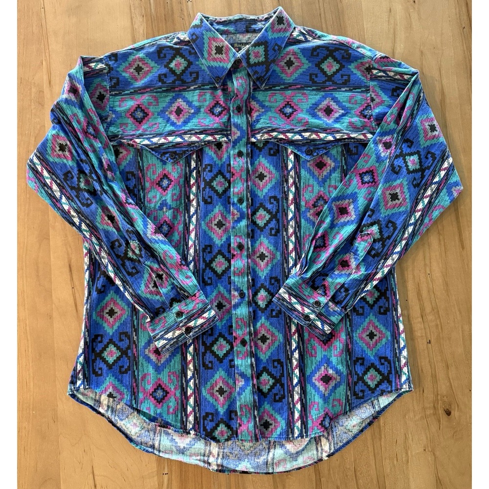Vintage Ruddock Bros Long Sleeve Shirt Mens XL Aztec Geometric Cowboy Rodeo USA